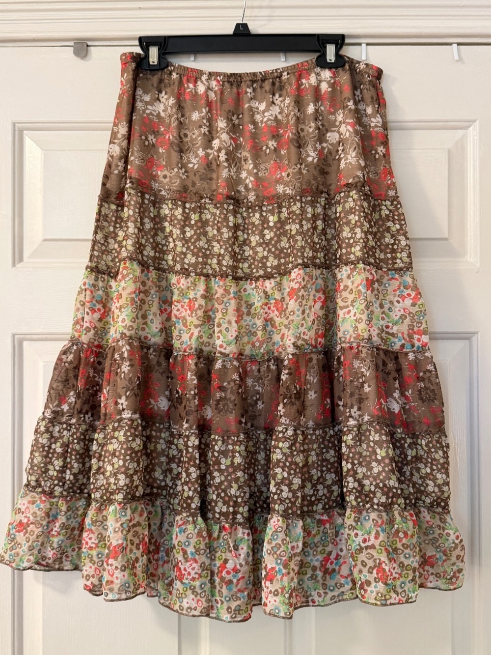 Christopher & Banks Tiered Floral Maxi Skirt Women's Large Prairie Cottage Brown